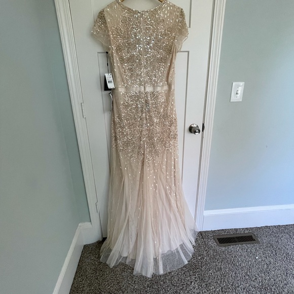 Sz 14 Adrianna Papell beaded chiffon floor-length gown, Almond color, NWT - Picture 7 of 15